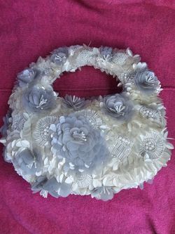 Viral Handcrafted in India White/Gray 3D Floral Beaded Crescent Bag Mini Bag NWT