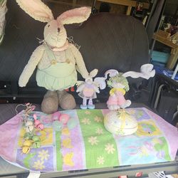 Stuffed Bunny Toy. A Porcelain Bunny , A Wooden Bunny N More With Runner