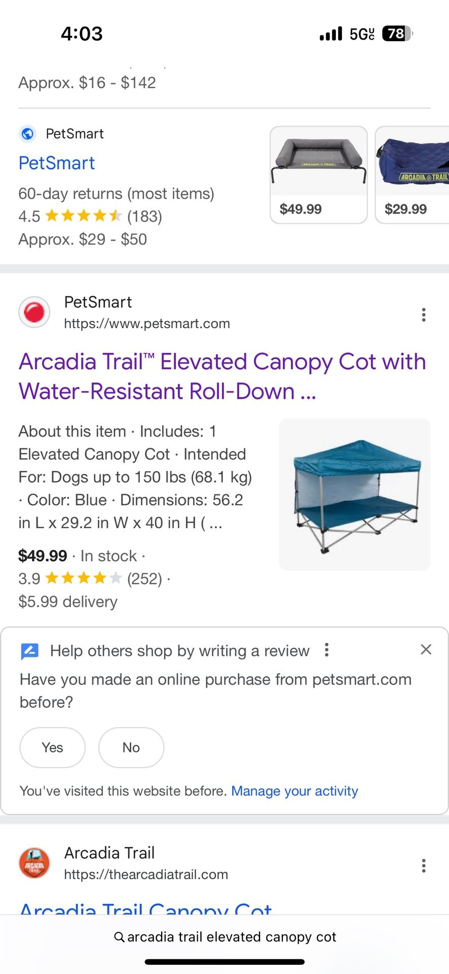 Arcadia Trail Elevated Canopy Cot BRAND NEW 