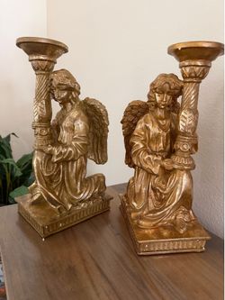 Two 15-Inch, Golden Wood Angel Candle Holders. Higher quality product.