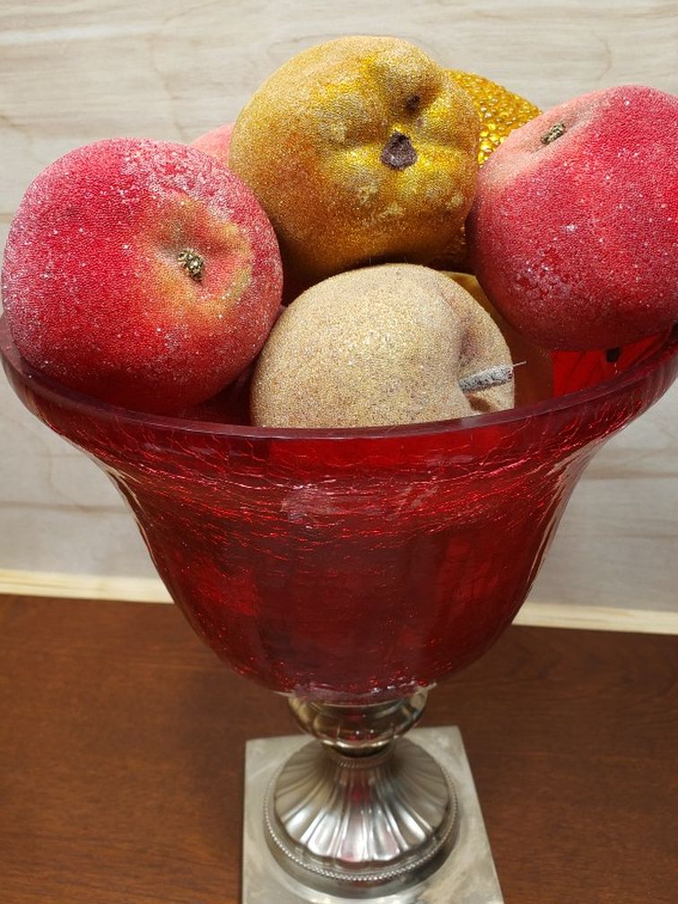 Vintage Red Glass Silver Plated Fruit Bowl With Icey Beaded Artificial Fruit.
