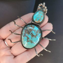 Vintage Sterling Silver Large Turquoise Spider Signed Necklace.