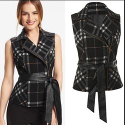 CAbi grid vest plaid moto zip faux leather vest women Size Medium 