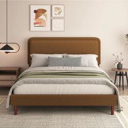 Queen Size Brown Platform Bed – Adjustable Cloud Headboard