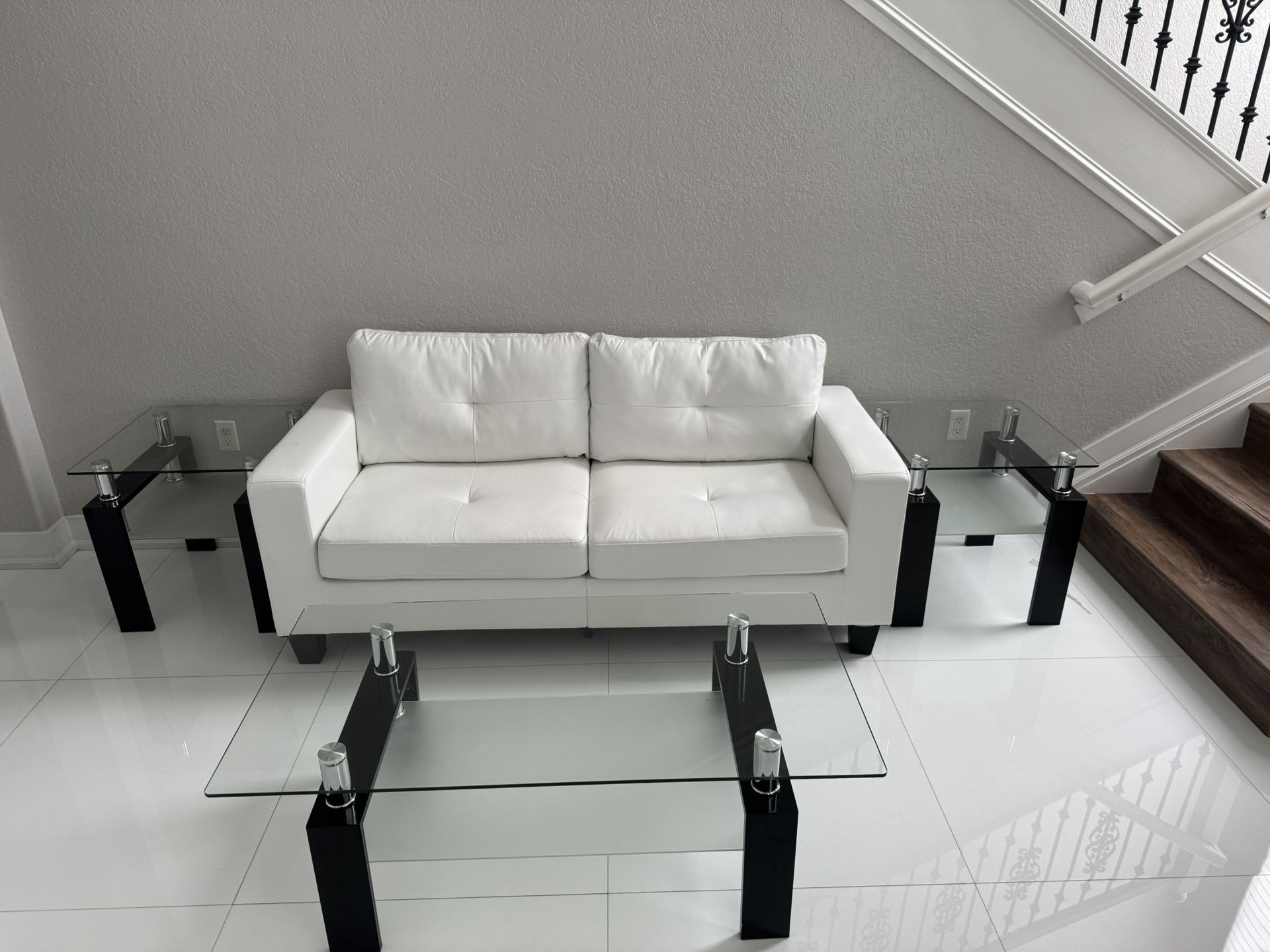 Modern White Sofa & Glass Table Set
