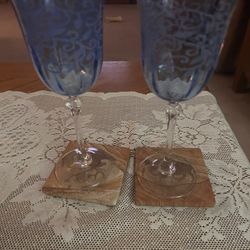 Cristalleria Fratelli Fumo Handmade Vine Etched Wine Glasses Set of 2 Light Blue