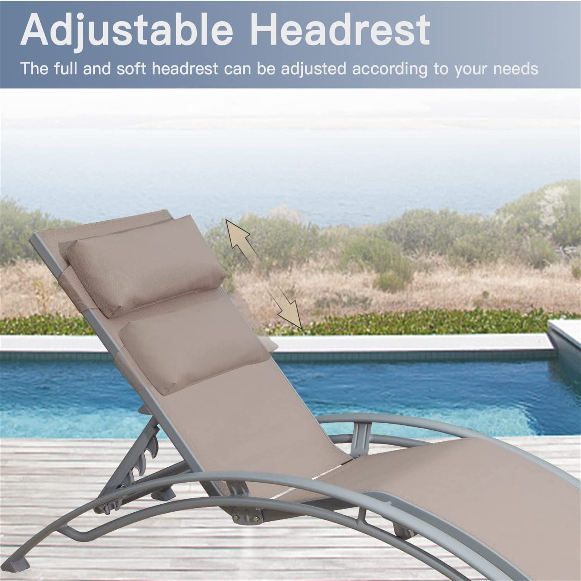 Outdoor Chaise Lounge Set of 2 Patio Recliner Chairs with Adjustable Backrest and Removable Pillow for Indoor&Outdoor Beach Pool Sunbathing Lawn (Khak