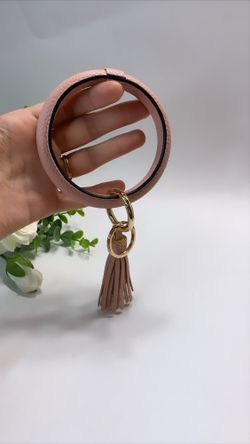 Leather Bangle Keychain PU Leather Wrist Key Rings Large Hoop Bracelet, Pink