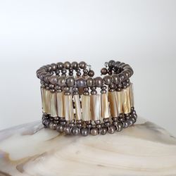 Gorgeous Vintage Gray Pearl and Brown Mother of Pearl Shell Cuff Bracelet