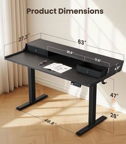 Electric Standing Desk with Drawers, 63″ x 28″ Gaming Table Compatible Monitor Stand, Stand up Desks, Home Office Height-Adjustable Desk with Storage 