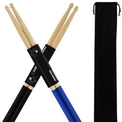 Drum Sticks Set 2 Pair 5A Anti-Slip Drum Sticks Classic Maple Wood with a Velvet Drawstring Bag for Great Gift(1black 1blue)