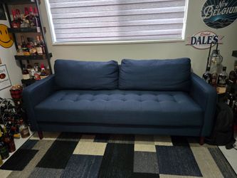 Blue Tufted Fabric Sofa with Wood Legs