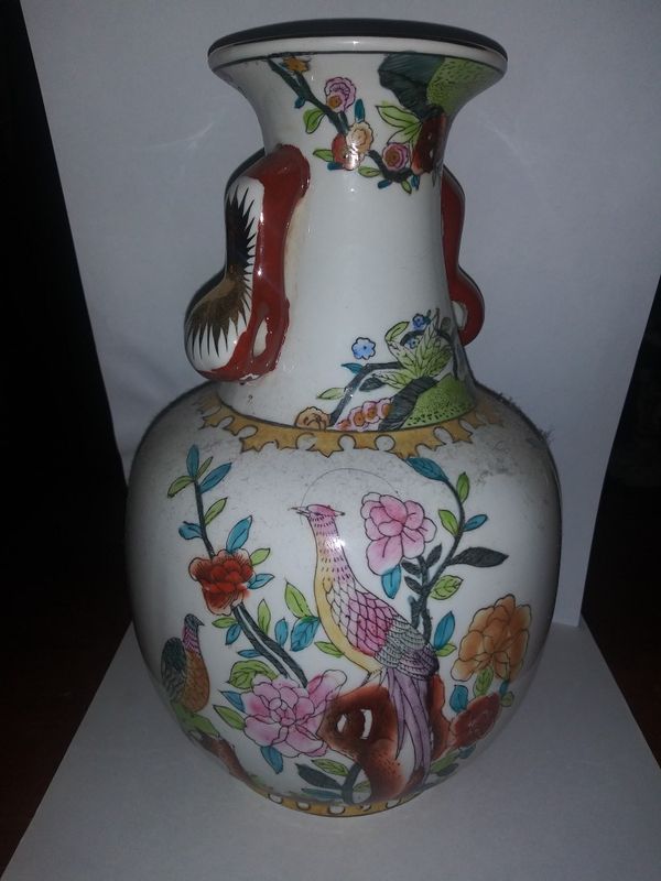 11 inch porcelain vase with handles hand painted with flowers and