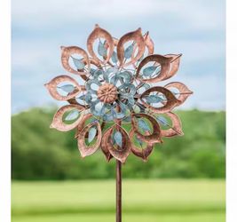Evergreen Enterprises 75 in. Brushed Copper and Antique Blue Steel Outdoor Lily Wind Spinner (26.25 in. W x 10.25 in. D