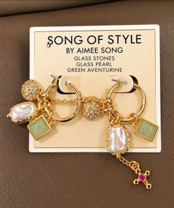 Song of Style Aimee Song Gold Tone Hoop Earrings Pearl Green Aventurine Charms