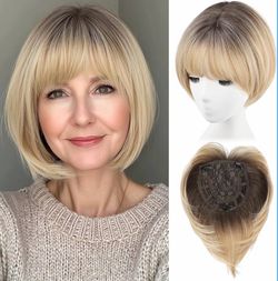 Hair Toppers for Women Short Bob Synthetic Hairpieces with Bangs 10" Side Part Toppers for Women with Thinning Hair 7" × 7" Larger Base(Ombre Light Bl
