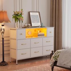 8 Fabric Drawer Dresser with Power Outlets and LED Lights, TV Stand