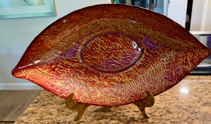 MCM 24K Gold Leaf Textured Glass Eye Shaped Ornate Console Bowl 17.5" L