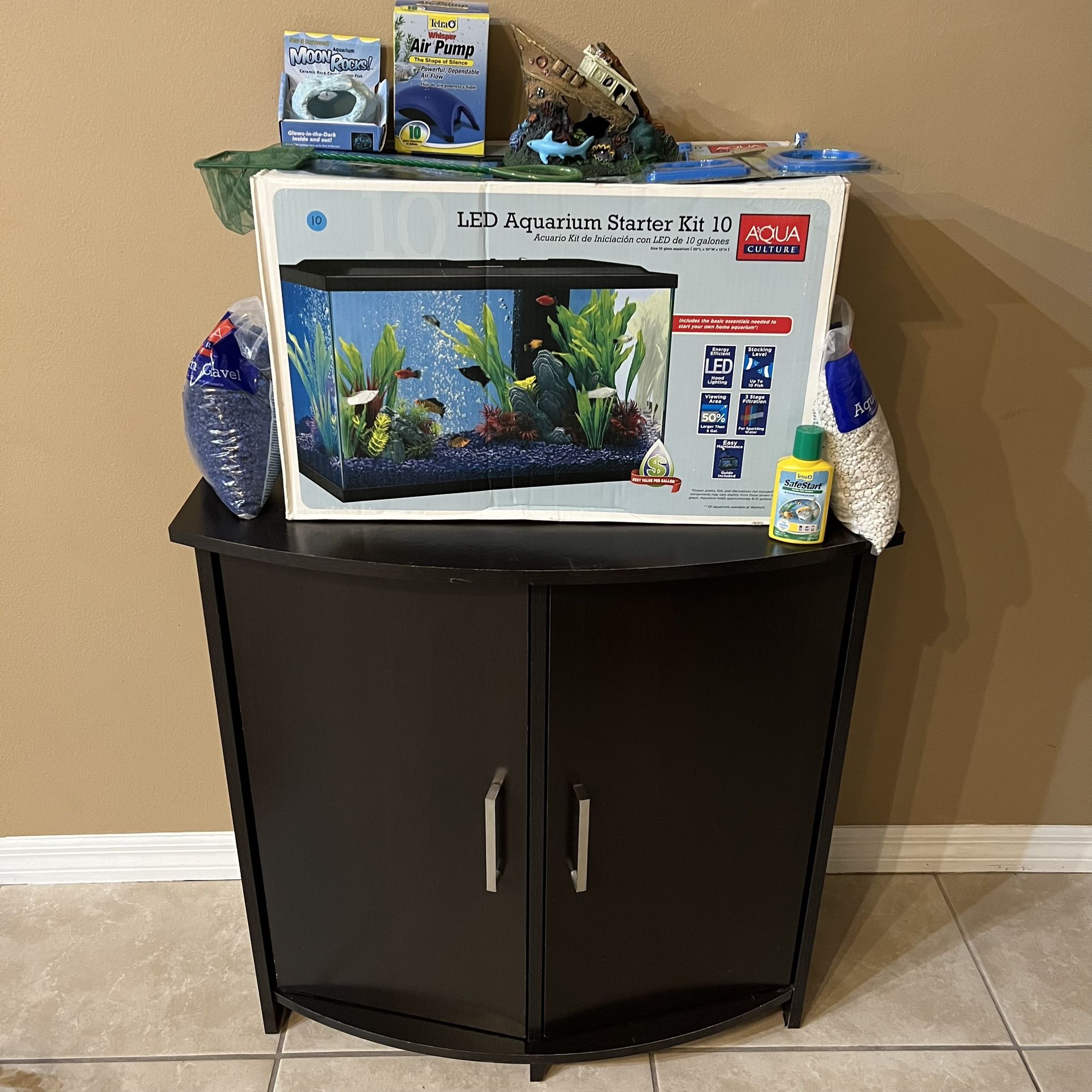 New Led 10-gallon Aquarium Starter Kit in box (never used) + Aquarium Stand (used , good condition) + Extra Accessories