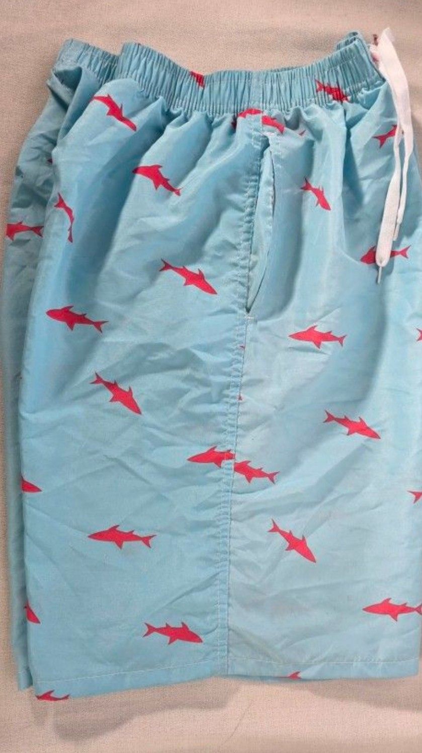 Men's Blue Polyester Swimwear / Bathing Suit With Sharks. Size Large