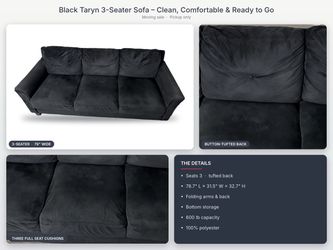 Black 3-Seater Sofa, Tufted Back, Folding Arms & Storage – $170 (Moving Sale)