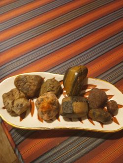 Fossil mushrooms,tigers eye, emerald precious stones