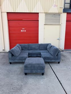 Gray Corduroy Sectional Sofa with Ottoman