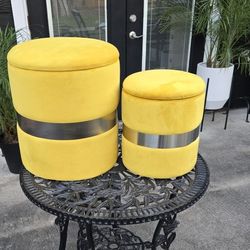 (2) Yellow Velvet Stools W/Lid