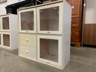 White Cube Organizer Shelf with Plastic Lift Top Doors and 2 Drawers