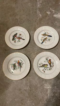 Set of 4 Spanish china tropical birds plates