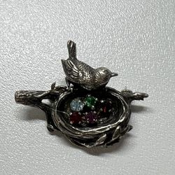 Vintage  Brooch Bird Nest with Crystals signed And on Sterling 