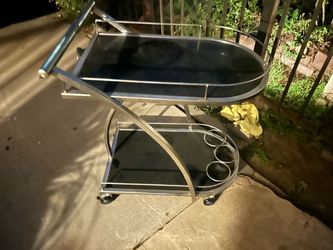 TAKING OFFERS Art Deco Bullet Form Two-Tier Rolling Bar/Serving Cart in Vitrolite & Chrome