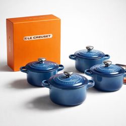  Le Creuset “Marseille” — Set of 4 mini cocottes, new in box with tag. Complete set of petite/mini round cocottes. MSRP: $100.  Tiny pots, big style —