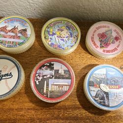 6 Different Vintage Souvenir Round Playing Cards One with Tax Stamp $5 each or all $25.