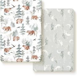 Ultra Soft Stretch Jersey Knit Fitted Sheets Set of 2, Portable/Mini Crib Sheets, Safe and Comfortable for Boys and Girls, Cute Bear and Wolf Pattern