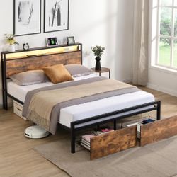 Queen $140 And Full Size Bed Frame with LED Lights, Charging Station & 2 Storage Drawers