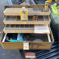 Antique Fishing Tackle Box And Gear 