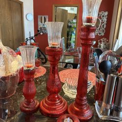 3 Pc Red Glass Candle Holders