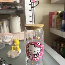 18oz Hello Kitty Glass Cup & Glass Straw / Reusable For Ice Coffee & More Super Cute Check My Page I Have More Styles Available/ With Bamboo Lids/