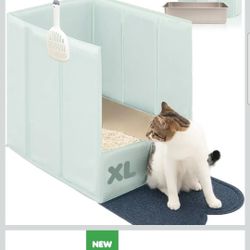 ATBOMA XL Stainless Steel Litter Box with Plastic Folding Extra Large Litter Box Enclosure Splash Guard & Litter Mat, Leak & Water Proof,No Assembly R