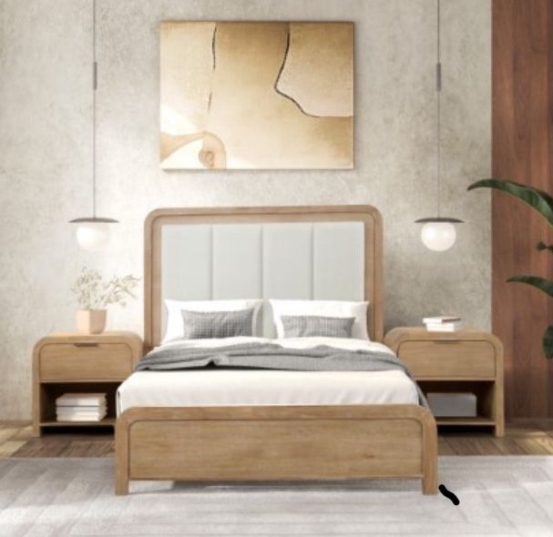 Beige Wooden Bed - Fabric Headboard - Queen & King Size Bed