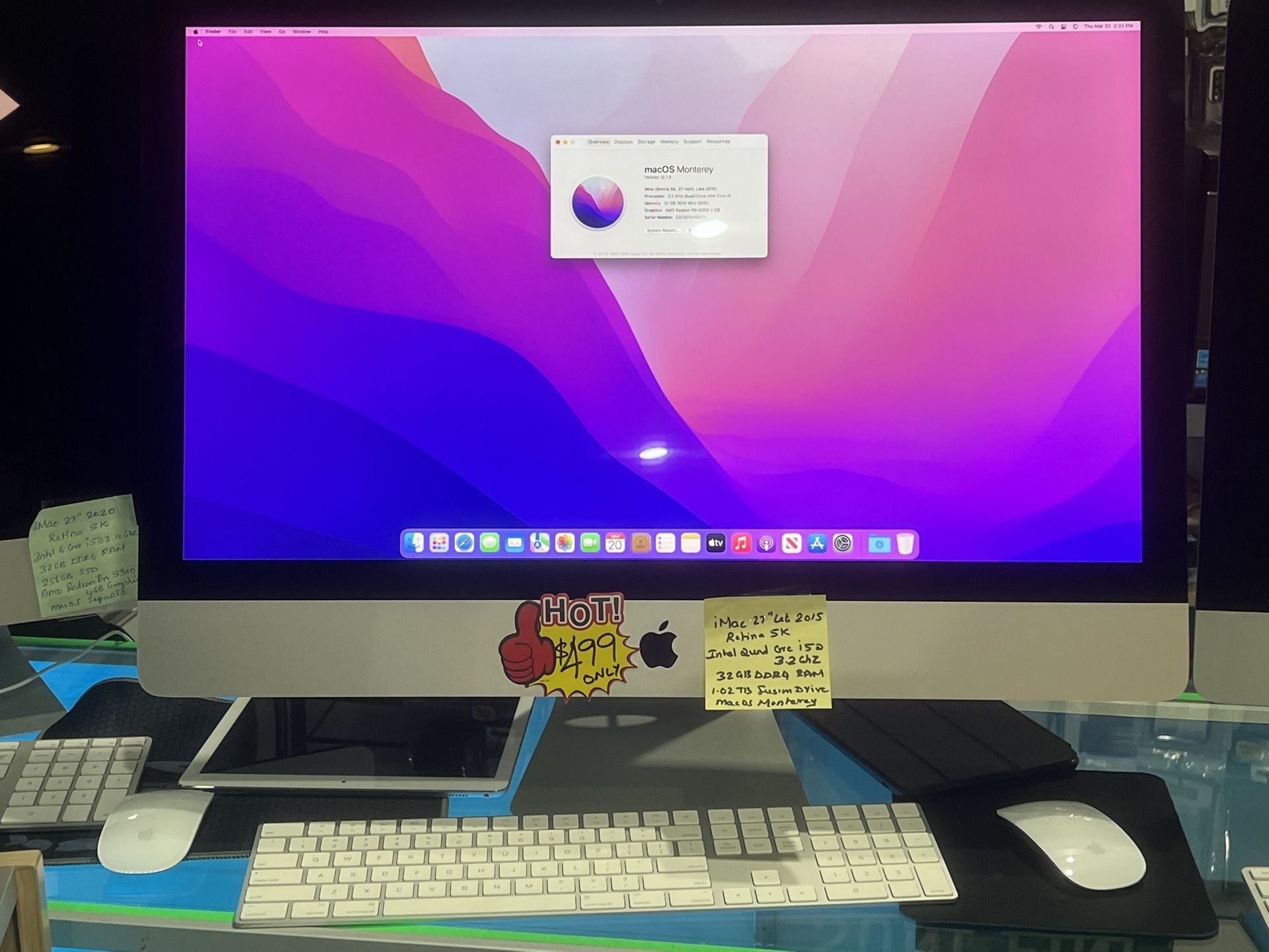 Apple iMac Late 2015 27” 5K Retina Intel Quad Core GHz, 32GB RAM, AMD Radeon R9 M390 2GB Graphics, macOS Monterey. Comes with Wireless keyboard