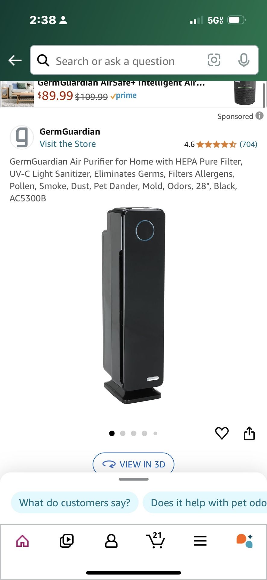 GermGuardian Air Purifier for Home with HEPA Pure Filter, UV-C Light Sanitizer, Eliminates Germs, Filters Allergens, Pollen, Smoke, Dust, Pet Dander,