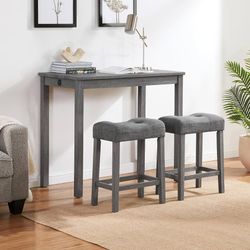 3 Piece Bar Table Set,Dining Bar Table and 2 Chairs Set with Charging Station Industrial Breakfast Table with 2 Padded Stools Rustic Bar Kitchen Dinni