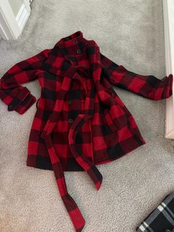 IKE BEHAR Women’s Red & Black Plaid Belted Coat – Medium
