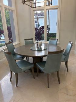 64” diameter Round kitchen dining table with 6 Kravet-designer leather upholstered matching chairs