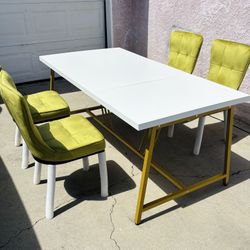 Modern Luxury Dining Set – White Wood Table + Olive Velvet Chairs (Set of 4) | Gold Base 