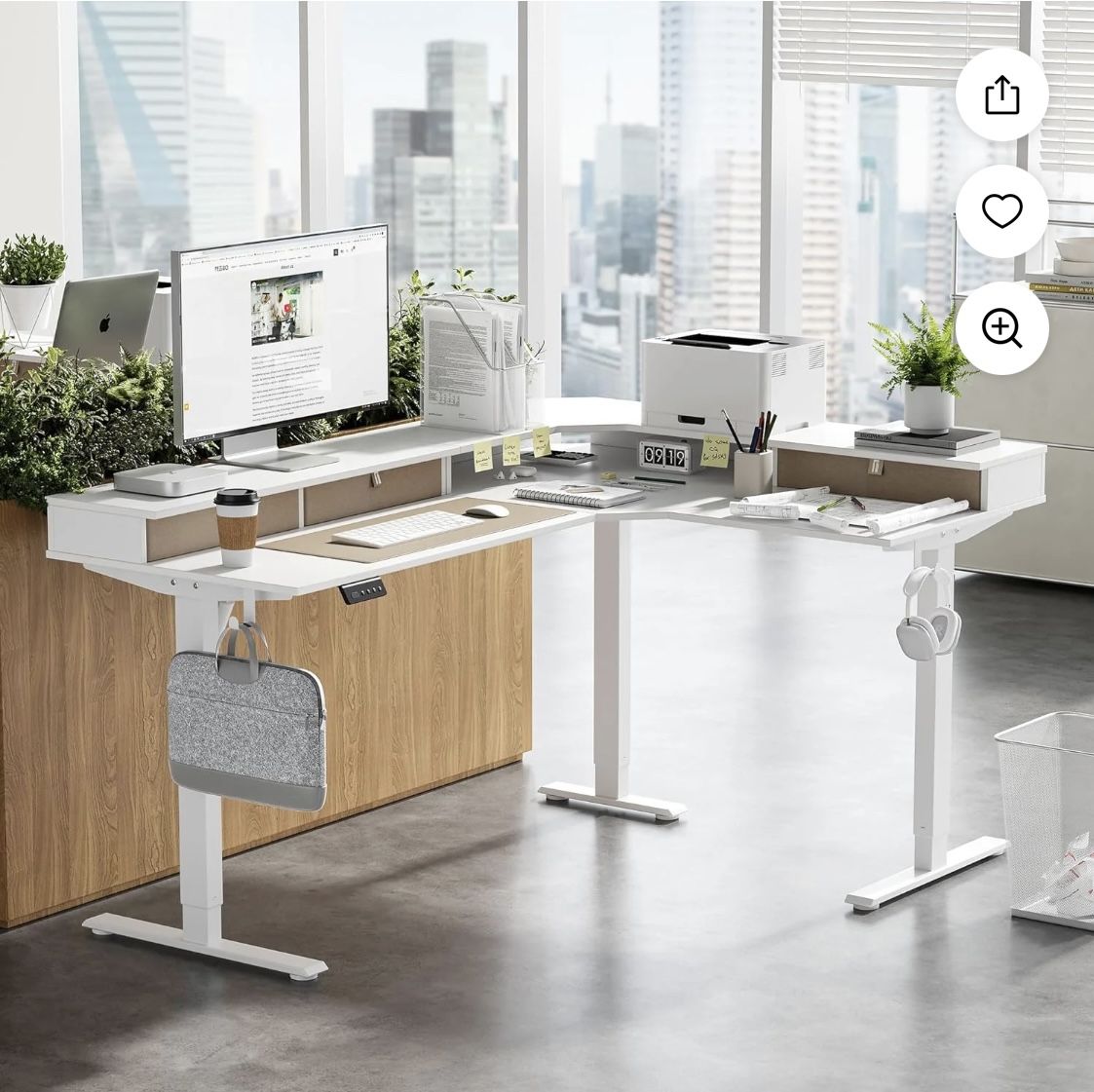 FEZIBO L Shaped Electric Standing Desk, 63 x 48 inch Large with Drawers | Reversible Tabletop, 2 Memory Height Settings | Home Office & Gaming Height-