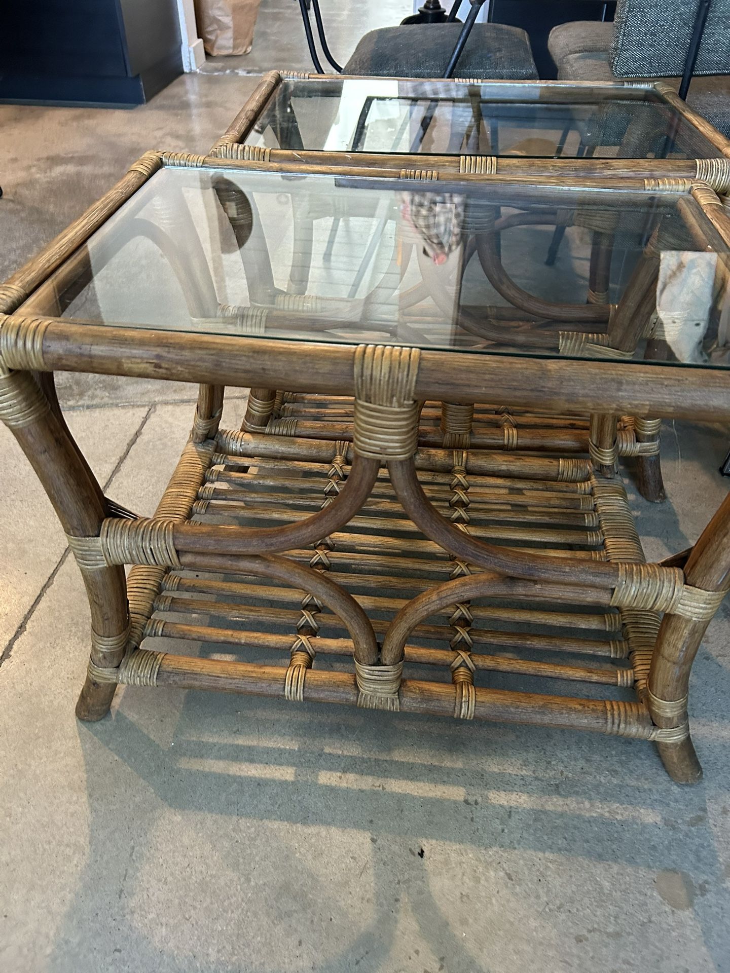2 Vintage Bamboo Rattan  Side Tables 