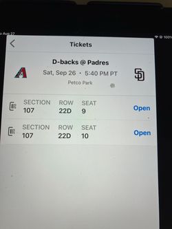 2 PADRES/ D’BACKS TICKETS, SATURDAY , 9/26, SEC 107, ROW 22D